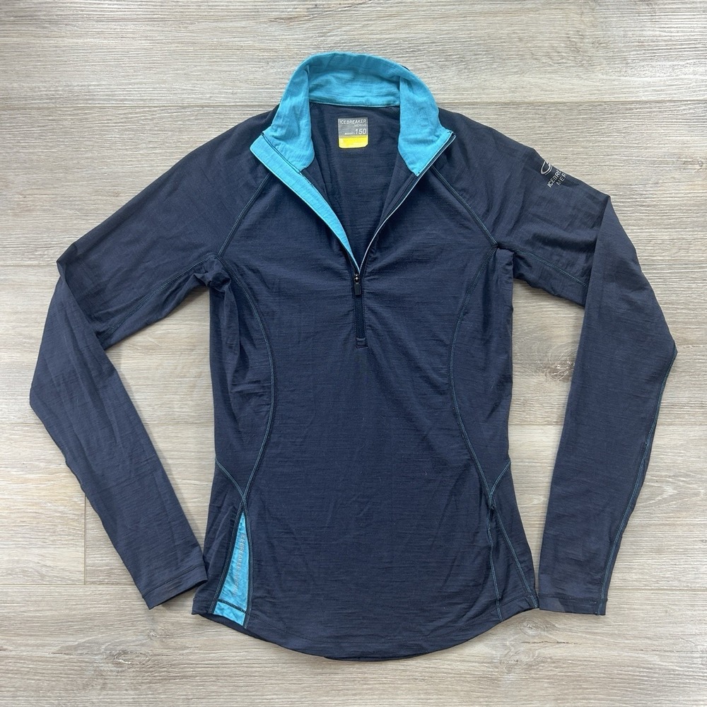 Icebreaker Small Navy‎ Bodyfit 150 Merino Wool Base Layer Top Quarter Zip